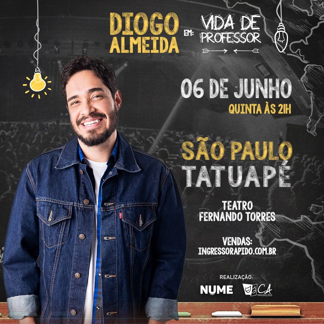 Humorista Diogo Almeida se apresenta no Tatuapé com seu solo de stand up comedy Vida de Professor