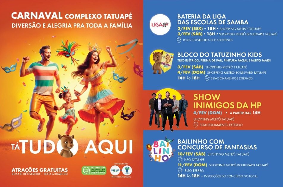 Bateria de escola de samba, Inimigos da HP e programação infantil agitam o Carnaval do Complexo Tatuapé