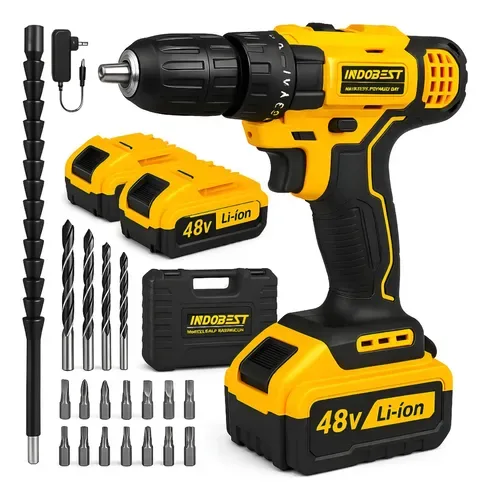 Parafusadeira Furadeira 48V Profissional Sem Fio Com 2 Baterias Recarregáveis Maleta 10mm Reversível Kit Brocas Soquetes Carregador340w 1550 Rpm Cor Amarelo Bivolt